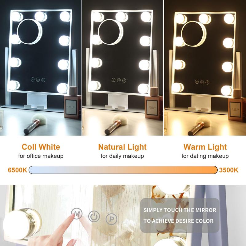 Vanity Mirror with Lights,Makeup Mirror,Lighted Mirror with 9 Dimmable LED Bulbs,3 Color Modes & Detachable 10X Magnification Mirror,360° Rotation,Smart Touch Control,Plug in