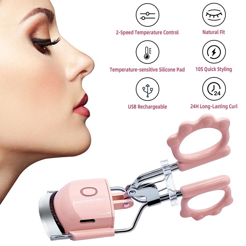 Pinkiou Heated Eyelash Curler Clamp USB Portable Electric Eyelash Curler 24 Hours Long Lasting with Sensing Heating Silicone Pad (Pink) Facial Comfort