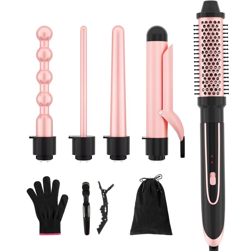 Heikki Vision 5-in-1 Curling Hot Brush Set with Curling Brush and 4 Interchangeable Ceramic Curling Wands, Instant Heat, Includes Heat Protective Gloves and 2 Clips (US Standard)