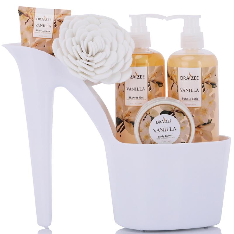 Draizee Heel Shoe Spa Gift Set – Vanilla Scented Bath Essentials Gift Basket With Shower Gel, Bubble Bath, Body Butter, Body Lotion & Soft EVA Bath Puff – Luxurious Home Relaxation Gifts For Women Body Care