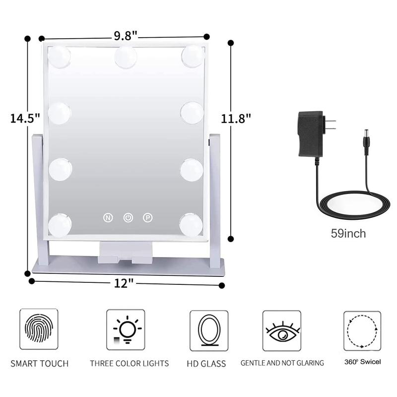 Vanity Mirror with Lights,Makeup Mirror,Lighted Mirror with 9 Dimmable LED Bulbs,3 Color Modes & Detachable 10X Magnification Mirror,360° Rotation,Smart Touch Control,Plug in