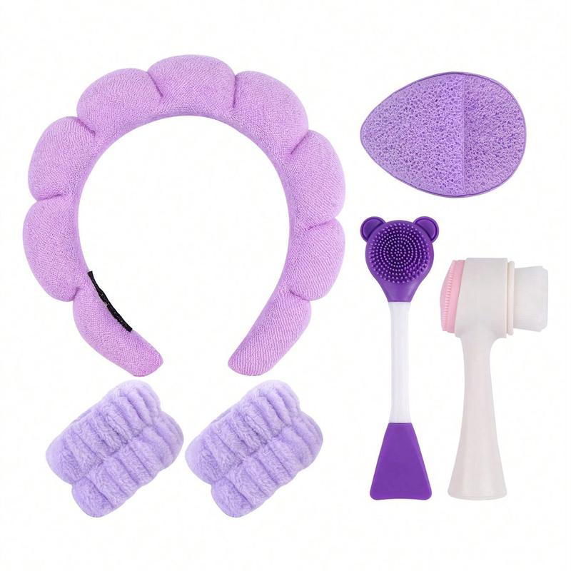 Facial Skin Care Tool Set, 6 Counts set Hair Band & Hand Bands & Silicone Brush & Droplet Shaped Puff, Professional Skin Care Tool for Women