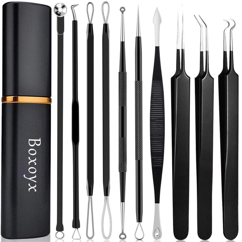 Pimple Popper Tool Kit - 10 count Blackhead Remover Comedone Extractor Kit with box for Quick and Easy Removal of Pimples, Blackheads, Zit Removing, Forehead,Facial and Nose (Black)