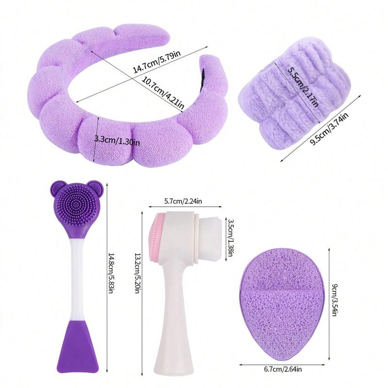 Facial Skin Care Tool Set, 6 Counts set Hair Band & Hand Bands & Silicone Brush & Droplet Shaped Puff, Professional Skin Care Tool for Women