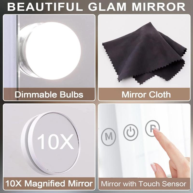 Vanity Mirror with Lights,Makeup Mirror,Lighted Mirror with 9 Dimmable LED Bulbs,3 Color Modes & Detachable 10X Magnification Mirror,360° Rotation,Smart Touch Control,Plug in