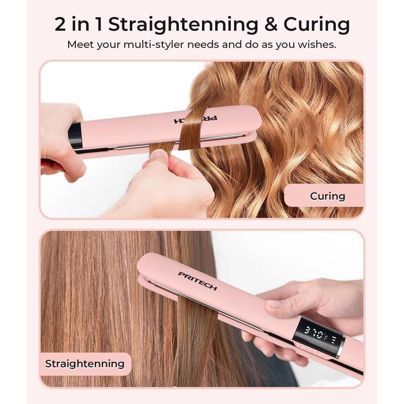 Flat Iron Hair Straightener, Titanium Flat Iron with Adjustable Temp(290°F-450°F), 1 inch Plate for All Hairstyles Anti-Scald Dual Volte Straightening and Curler 2 in 1 (Pink)