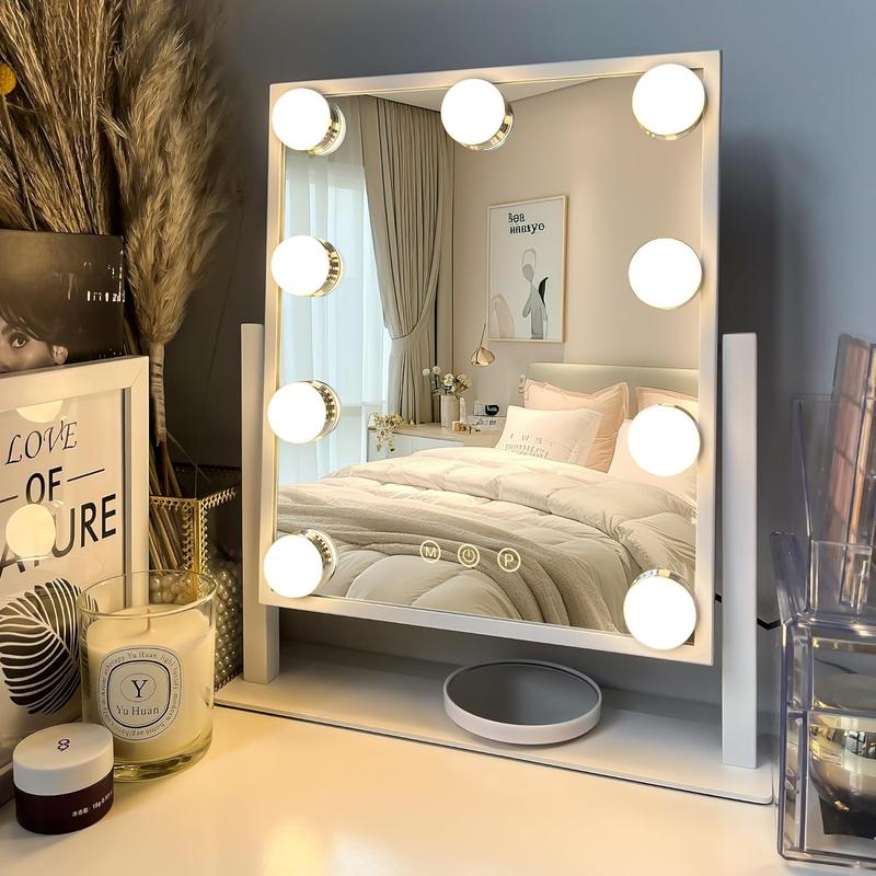 Vanity Mirror with Lights,Makeup Mirror,Lighted Mirror with 9 Dimmable LED Bulbs,3 Color Modes & Detachable 10X Magnification Mirror,360° Rotation,Smart Touch Control,Plug in