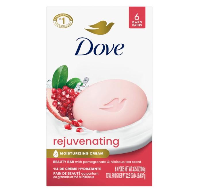 Dove Beauty Bar Soap Rejuvenating Pomegranate & Hibiscus Tea 6 Count for Revitalized Skin, Refreshes Skin 3.75 oz