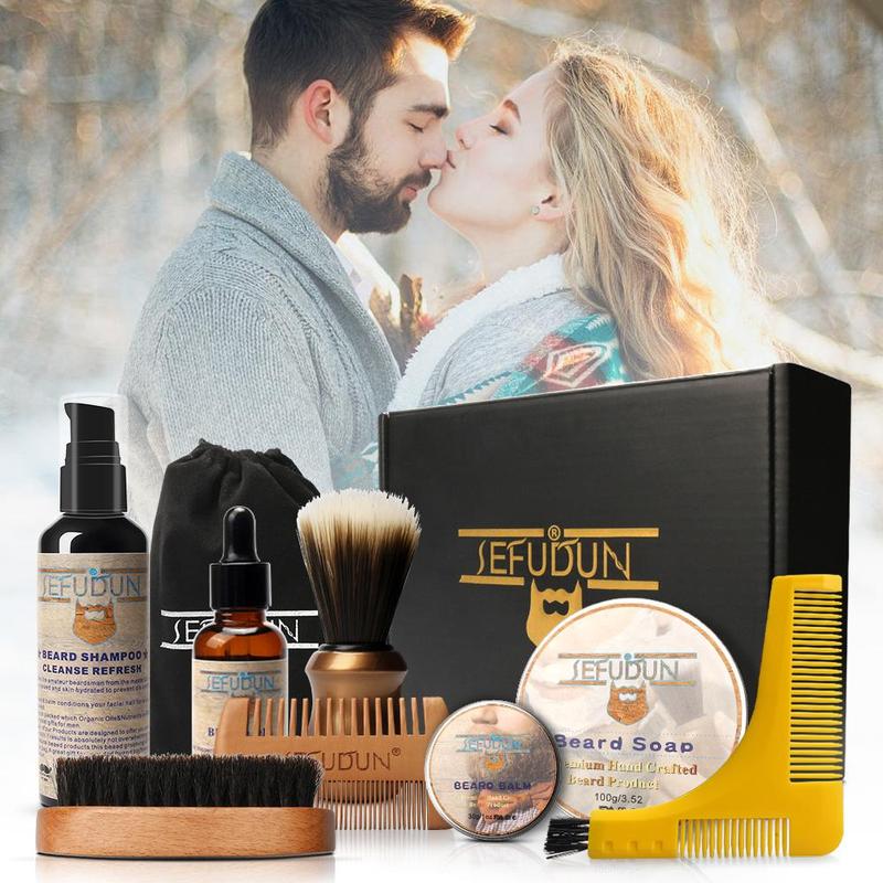 Men's Beard Care Set, 10pcs set Beard Shampoo & Soap & Balm & Oil & Comb & Storage Bag & Box, Beard Care Products for Daily Use, Christmas Gift