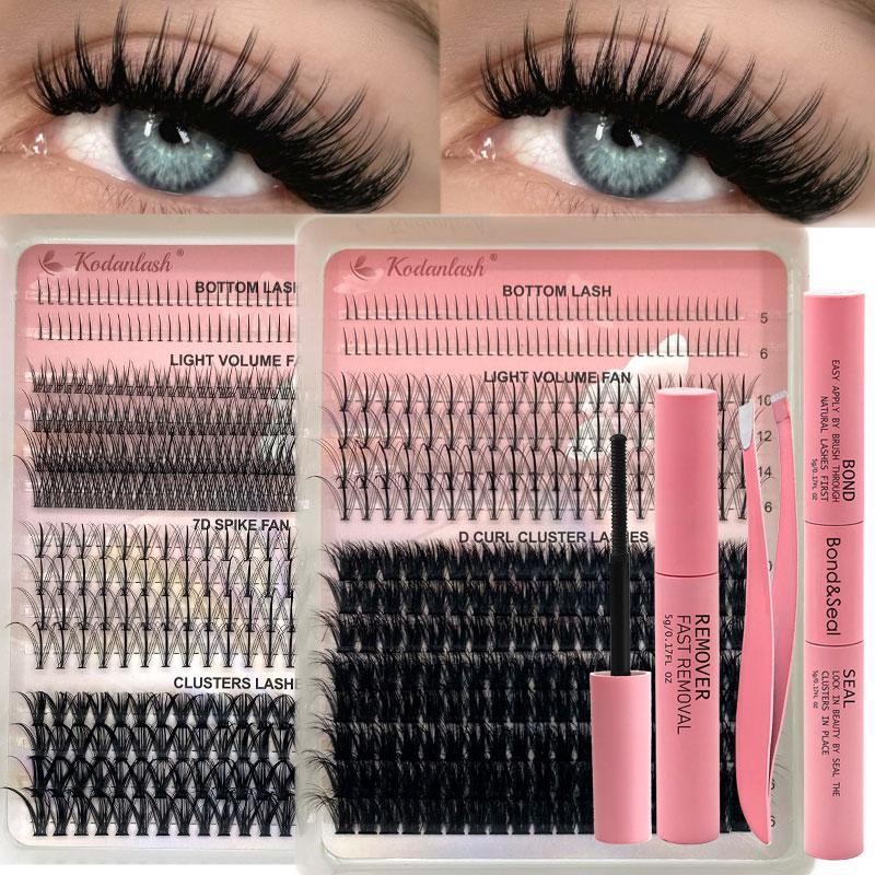 Fluffy Cluster Eyelash Extensions Kit, 1 Set Mixed Length False Eyelashes with Eyelash Glue & Tweezers & Remover, Professional Eye Makeup Accessories