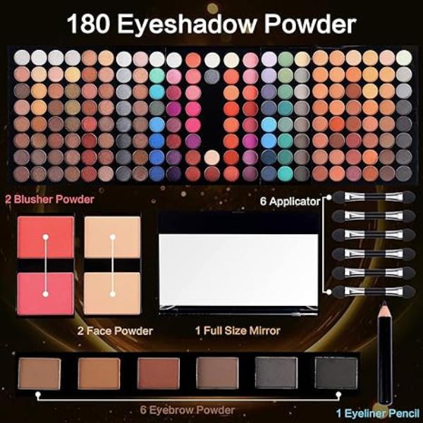 190-Color Makeup Kit: Eyeshadow, Blush, Concealer, Eyebrow Powder, Eyeliner, and Mirror. Perfect Gift