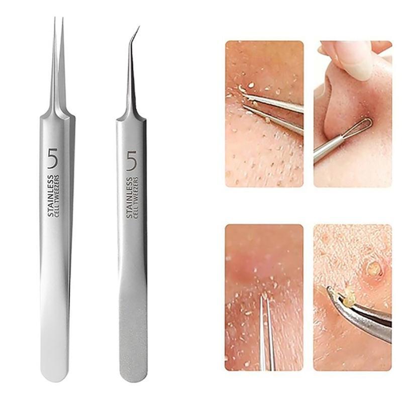 Stainless Steel Facial Blackhead Tweezers, 1 Box Professional Pimple Popper Tool Kit, Facial Cleanser Extract Tool, Skincare Tools