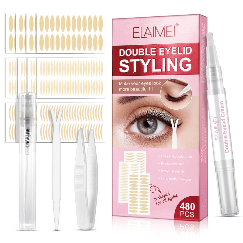 ELAIMEI Double Eyelid Tape Kit,  Droopy Eyelid, Big Eye Tools, 480Pcs Double Eyelid Strip,  Fork Rods & Tweezers