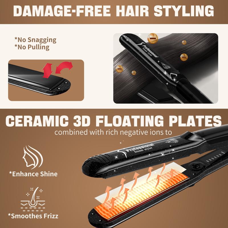 Steam Hair Straightener Professional Salon Ceramic Tourmaline Vapor Flat Iron 2 in 1 Straightening Curling Iron Dual Voltage LED Temp Comfort