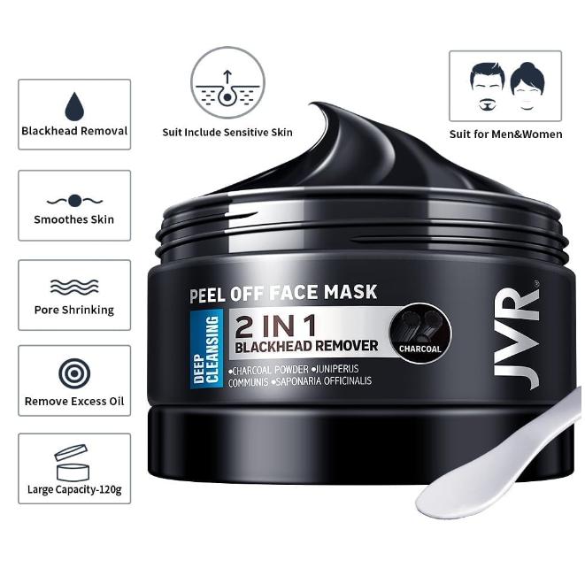 JVR Peel Off Face Mask, Blackhead Remover Mask for Men, Charcoal Peel Off Black Mask, Facial Mask Purifying and Deep Cleansing for All Skin Types 4.23 OZ