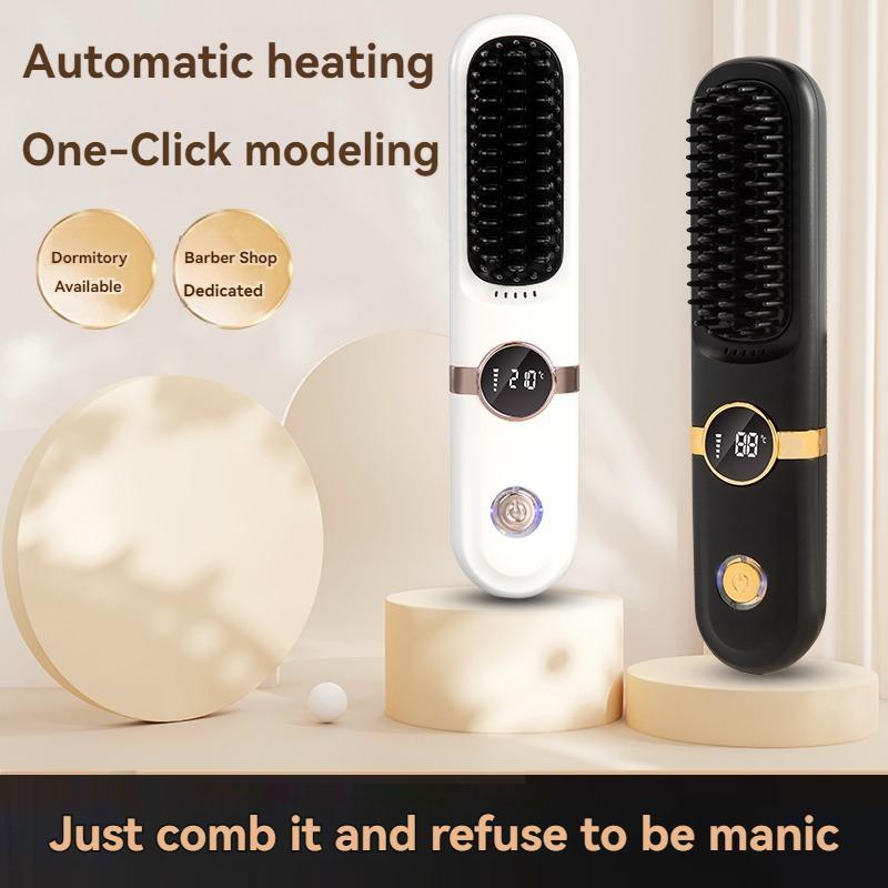 USB Rechargeable Wireless Hair Straightening Comb, 1 Set 4-speed Temperature Control Hair Straightener, Portable Styling Comb for Home & Travel