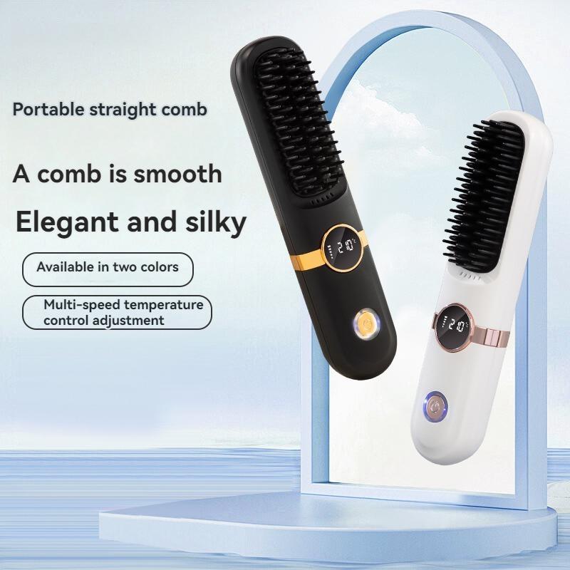 USB Rechargeable Wireless Hair Straightening Comb, 1 Set 4-speed Temperature Control Hair Straightener, Portable Styling Comb for Home & Travel