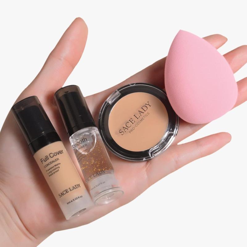 Waterproof  Coverage Concealer Makeup Kit with Primer Sponge - Matte Liquid Foundation for Face, Eye, and Acne Scar Cover