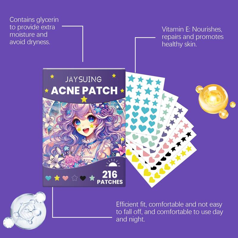 Acne Patches, 216pcs box Colorful Star & Heart Shaped Hydrocolloid Acne Cover Patches, Gentle Skin Care Products for Women & Men