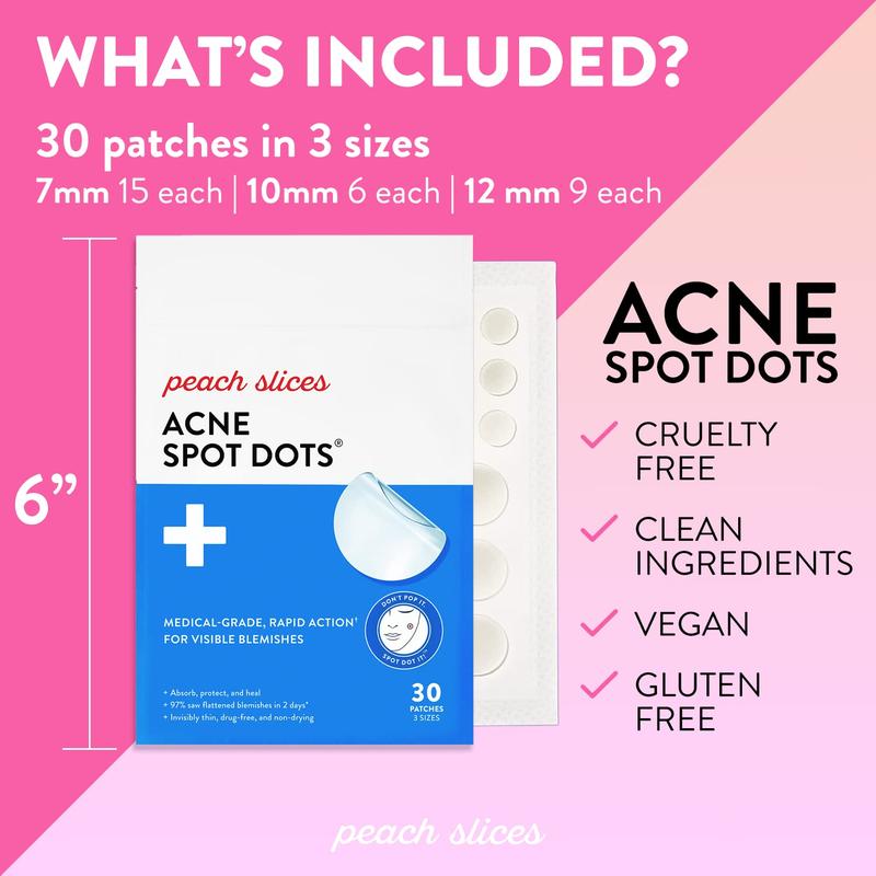 Peach Slices | Acne Spot Dots | Hydrocolloid Acne Patches | For Zits, Blemishes, & Breakouts | Vegan | Cruelty-Free | Pimple Patches | Facial Skin Care Products | 3 Sizes (7mm, 10mm, & 12mm) | 30 Ct