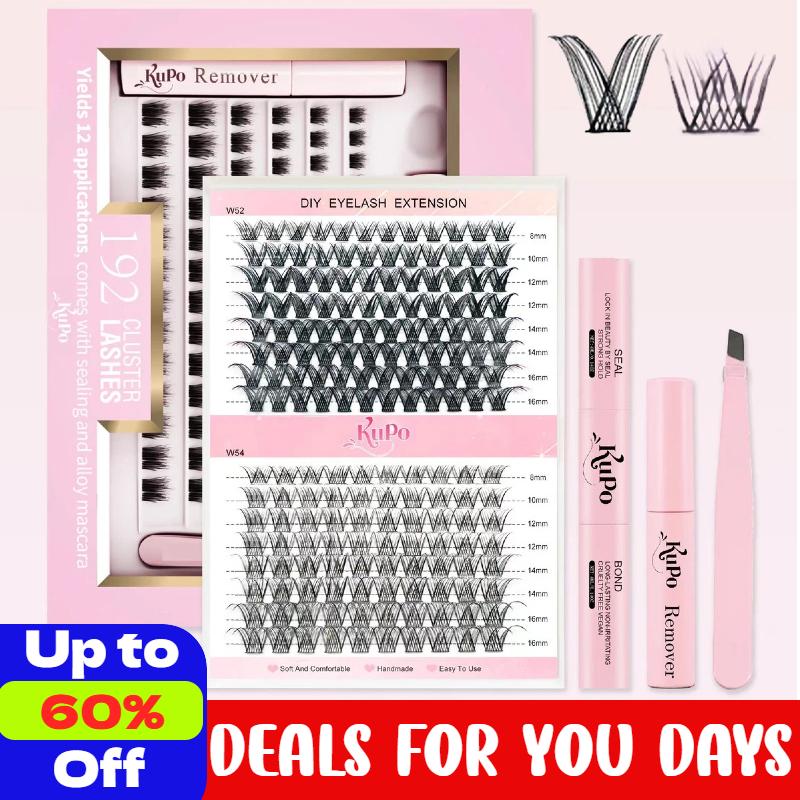 Kupo Lash Clusters Kit DIY Lash Extension Kit D Curl Eyelash Extensions with Lash Bond and Seal Waterproof Tweezers,8-16mm Eye Corner Eyelashes  192PCS Makeup Cosmetic