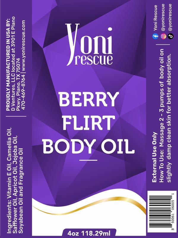 Berry Flirt Daily Moisturizing Body Oil, 4oz, with Apricot, Jojoba, Avocado Oils & Vitamin E Oil, Fast-Absorbing, Nourishes and Hydrates Skin, Skin Repair, Body Care, Ideal for All Skin Types, Berry Fragrance Moisturizer by Yoni Rescue