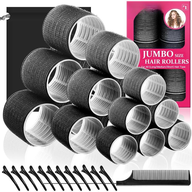 32 count Set  Large Hair Rollers for Blowout Look with Clips, Comb and Bag, 3 Sizes Rollers for Long Hair, Medium and Short Hair, Black