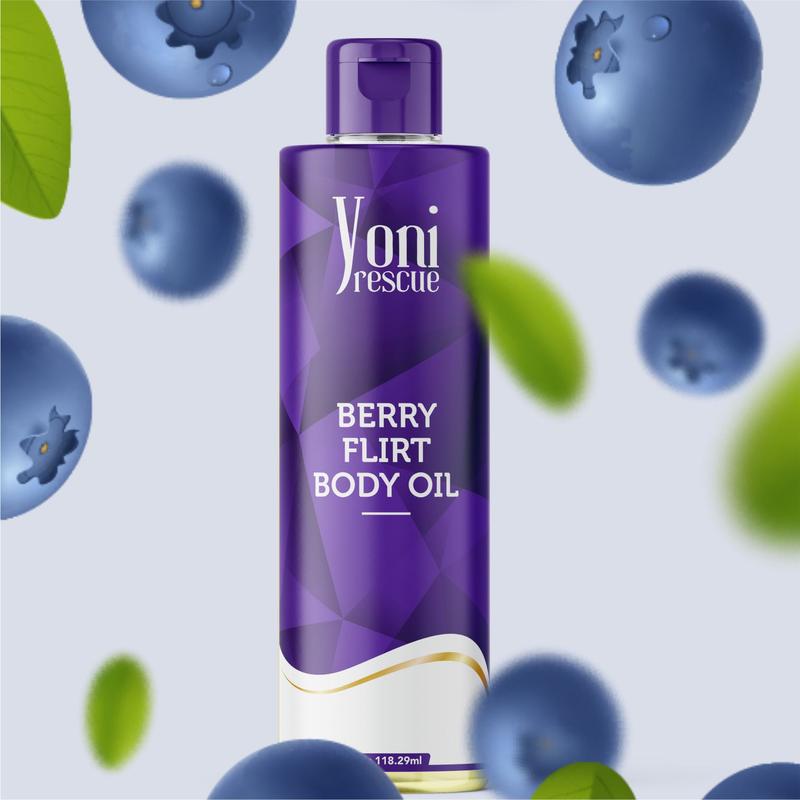 Berry Flirt Daily Moisturizing Body Oil, 4oz, with Apricot, Jojoba, Avocado Oils & Vitamin E Oil, Fast-Absorbing, Nourishes and Hydrates Skin, Skin Repair, Body Care, Ideal for All Skin Types, Berry Fragrance Moisturizer by Yoni Rescue