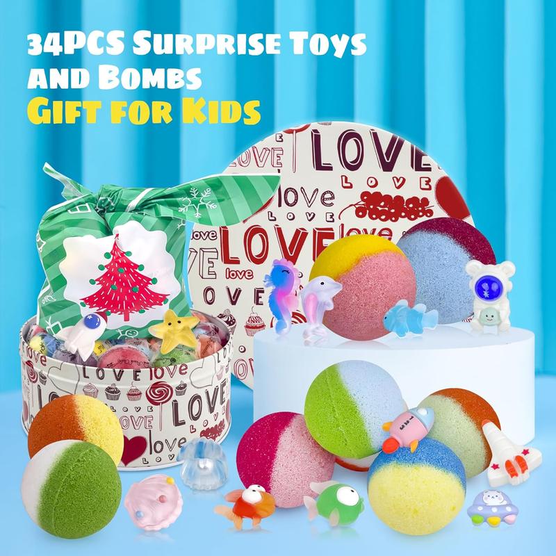 34PCS Bath Bombs, Surprise Bath Bombs with Ocean Animals and Space Planet Toys ide, Natural Organic Bubble Bath Fizzies, Gift Tin Box for Christmas