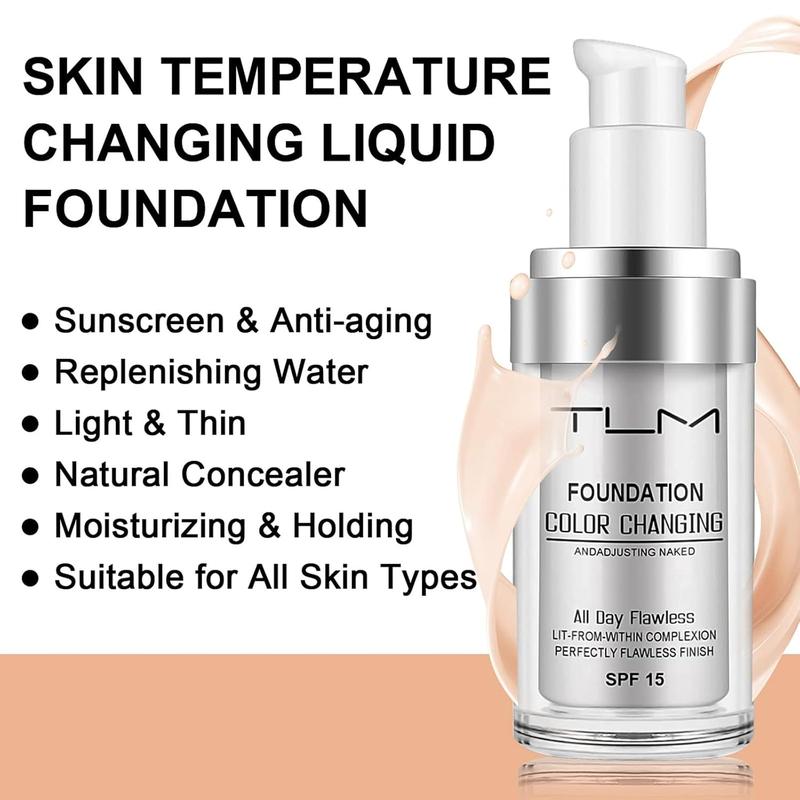 2 PACK TLM Color Changing Foundation Liquid Base, All Day Flawless Warm Skin Tone BB Cream Makeup Base Concealer for All Skin SPF15