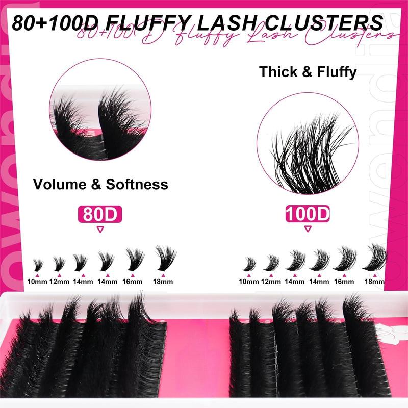 Lash Clusters Kit Fluffy 80D 100D Individual Lashes D Curl Cluster Eyelash Extensions 10-18mm DIY Lash Extension Kit Lash Bond and Seal Waterproof, Lash Applicator, Thick False Eyelashes Kit