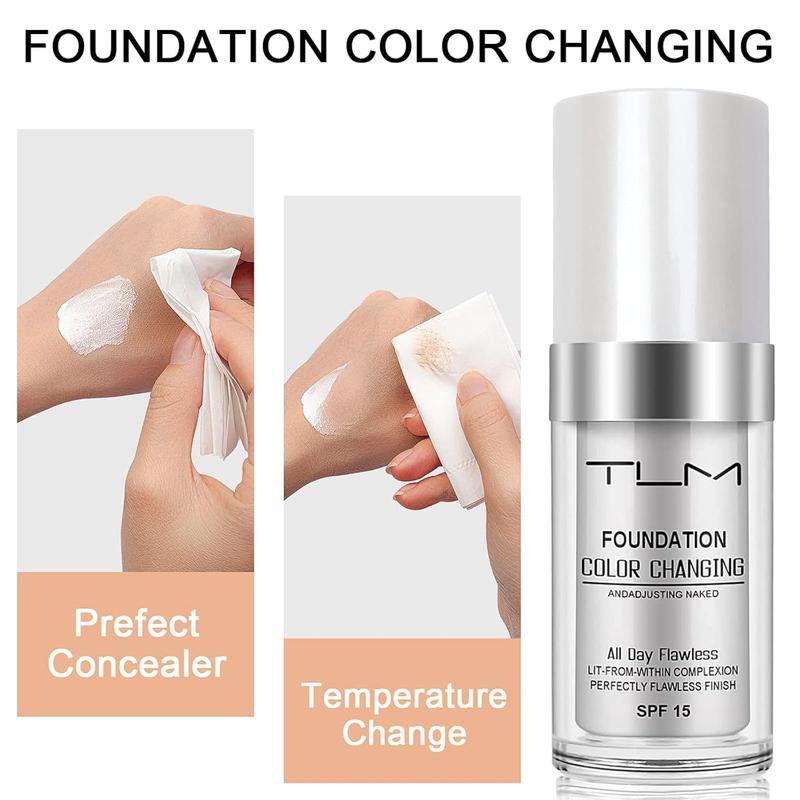 2 PACK TLM Color Changing Foundation Liquid Base, All Day Flawless Warm Skin Tone BB Cream Makeup Base Concealer for All Skin SPF15