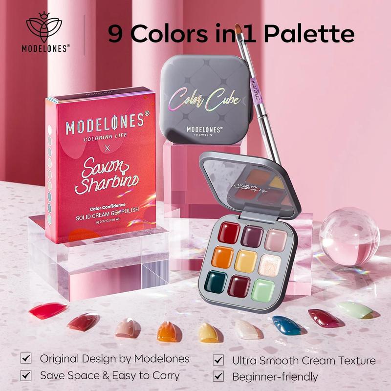 MODELONES 9 Shades Solid Cream Gel Polish Color Cube 9 Colors Orange Sage Green Yellow Solid Gel Polish Red Nude Glitter Pudding Gel Upgraded Crème Manicure Palette Soak Off LED Nail Art Kit Salon DIY, with Pro Brush