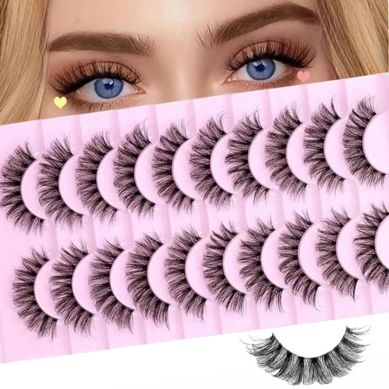 Fluffy False Eyelashes, 10 Pairs Wispy Cat Eye Look Faux Cluster Lashes, Natural Curling Eye Makeup Strip Lashes, Full Volume Eyelash for Lashes Extensions