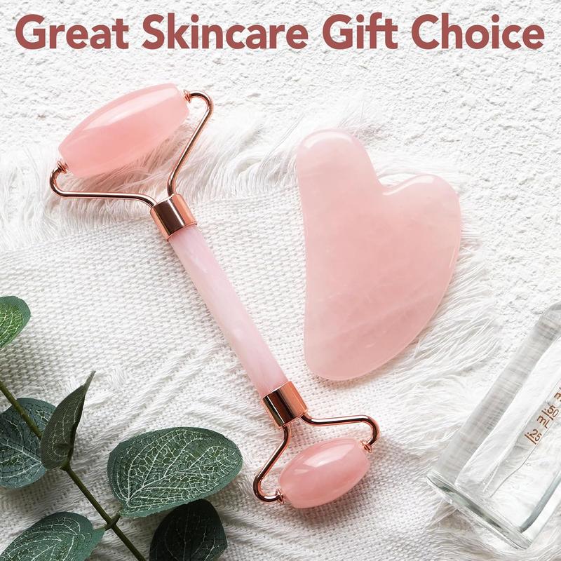 Face Massager Rose Quartz Face Roller & Gua Sha Facial Tool Set, Lymphatic Drainage Massage Tool for Self Care, Muscle Tension Relief, Skin Care Gift for Men Woman