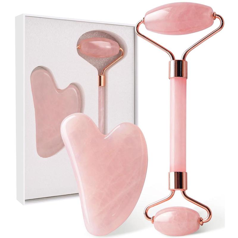 Face Massager Rose Quartz Face Roller & Gua Sha Facial Tool Set, Lymphatic Drainage Massage Tool for Self Care, Muscle Tension Relief, Skin Care Gift for Men Woman