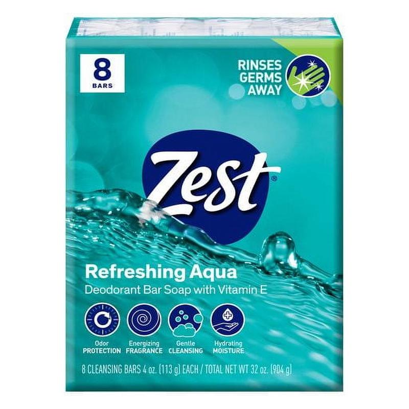 (4 pack) Zest Deodorant Bar Soap, Hydrating Moisture for All Skin Types, Aqua, 4 oz, 8 Bars Body Care Cleansing