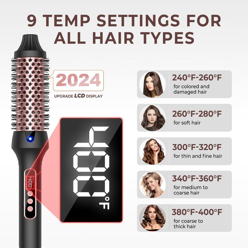 Dual Voltage Hair Curling Brush for Beach Waves, Heated Round Brush, Thermal Brush, Digital Display 9 Heat Settings Hair Curler Iron, Hair Styling Tool for Home & Travel, Christmas & Fall Gifts