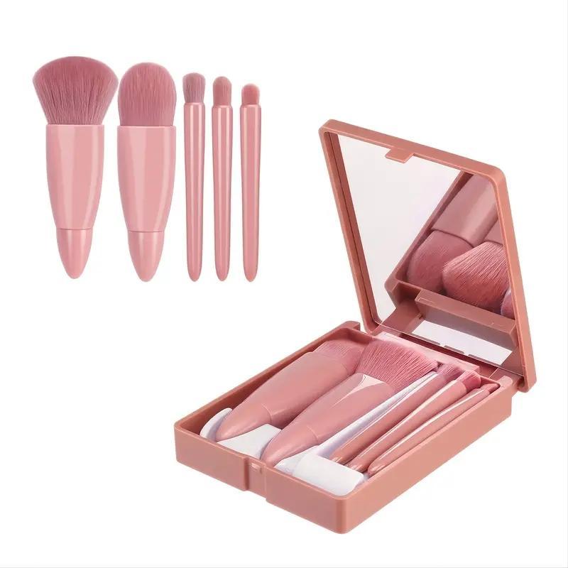 Portable Makeup Brush Set with Mirror Case, 5 Counts set Mini Makeup Brushes for Foundation, Powder, Cosmetic Gift, Cosmetic Products, Christmas Gift