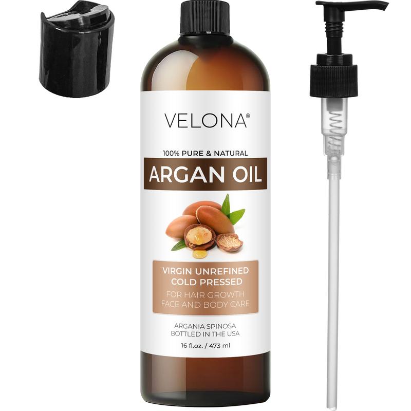 velona Argan Oil - 16 Fl Oz (With Pump) | 100% Pure and Natural | Morocco Oil | Stimulate Hair Growth, Skin, Body and Face Care | Nails Protector | Unrefined, Cold Pressed | Cap Kit