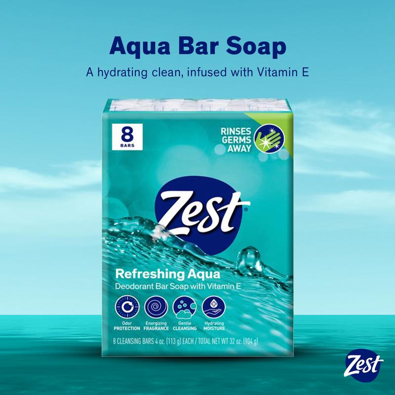 (4 pack) Zest Deodorant Bar Soap, Hydrating Moisture for All Skin Types, Aqua, 4 oz, 8 Bars Body Care Cleansing