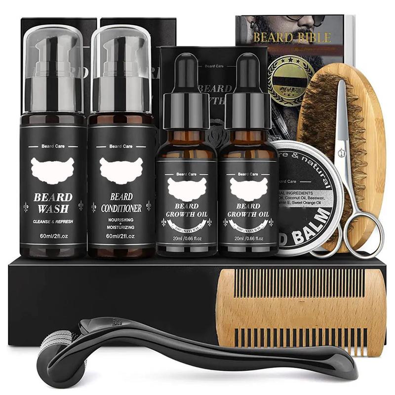 Zuiapoo 9-piece Beard Care Set, Beard Set, Balsam Double-sided Comb, Roller Beard, Gift, Men's Beard Care, Men's Makeup Tools,Beard Trimming Tools, Beard Care Agent, Blackening Agent (black) Beard Cream Cleaning Care (foam Agent)