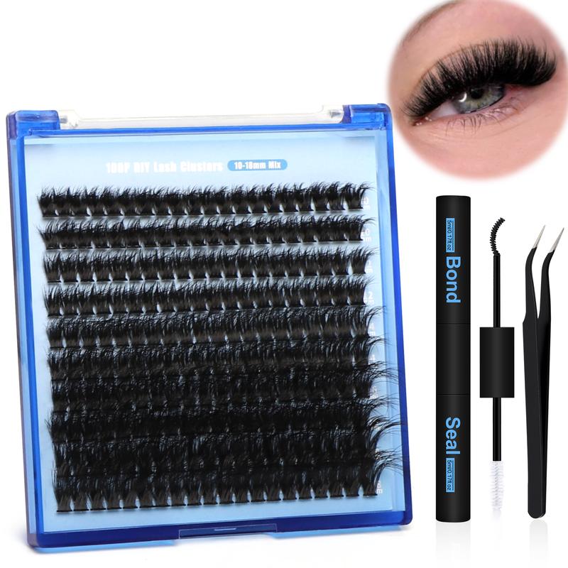 FEEGO Thick Lash Extension Kit 100P 10-18MM Fluffy Lash Clusters 100P Eyelash Extension Kit DIY Lash Extension Kit Glue and tweezers Makeup Cosmetic