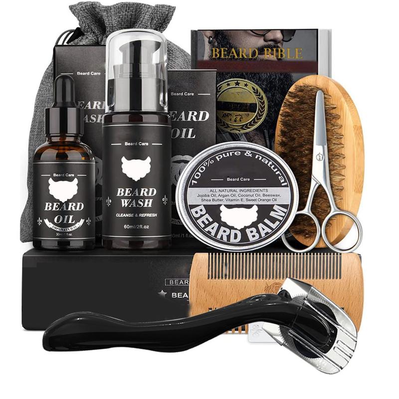 Zuiapoo 9-piece Beard Care Set, Beard Set, Balsam Double-sided Comb, Roller Beard, Gift, Men's Beard Care, Men's Makeup Tools,Beard Trimming Tools, Beard Care Agent, Blackening Agent (black) Beard Cream Cleaning Care (foam Agent)