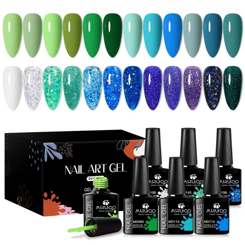 Colorful Gel Nail Polish Set, 24pcs set Green Blue Collection Soak off UV Gel LED Lamp Nail Art Gel, Long Lasting Nail Art DIY for Women & Girls