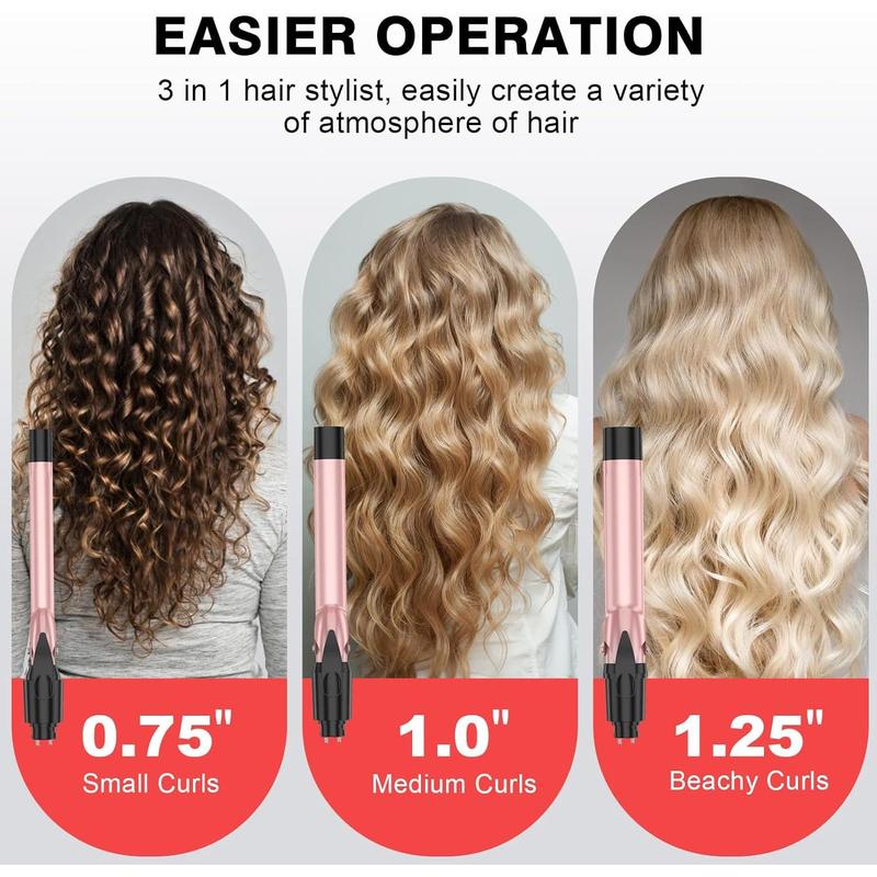 Curling Iron 3 in 1 Barrel Curling Wand Set Curler and Waver(0.75"-1"-1.25"), Dual Voltage Curl Hair Styler Tool for Oval Curling Wand