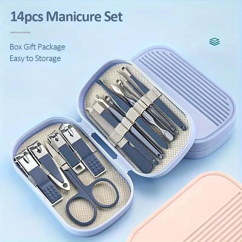 Stainless Steel Nail Clipper Set with Storage Case, 14pcs set Portable Nail Care Tool Set, Professional Manicure & Pedicure Tool for Home & Travel