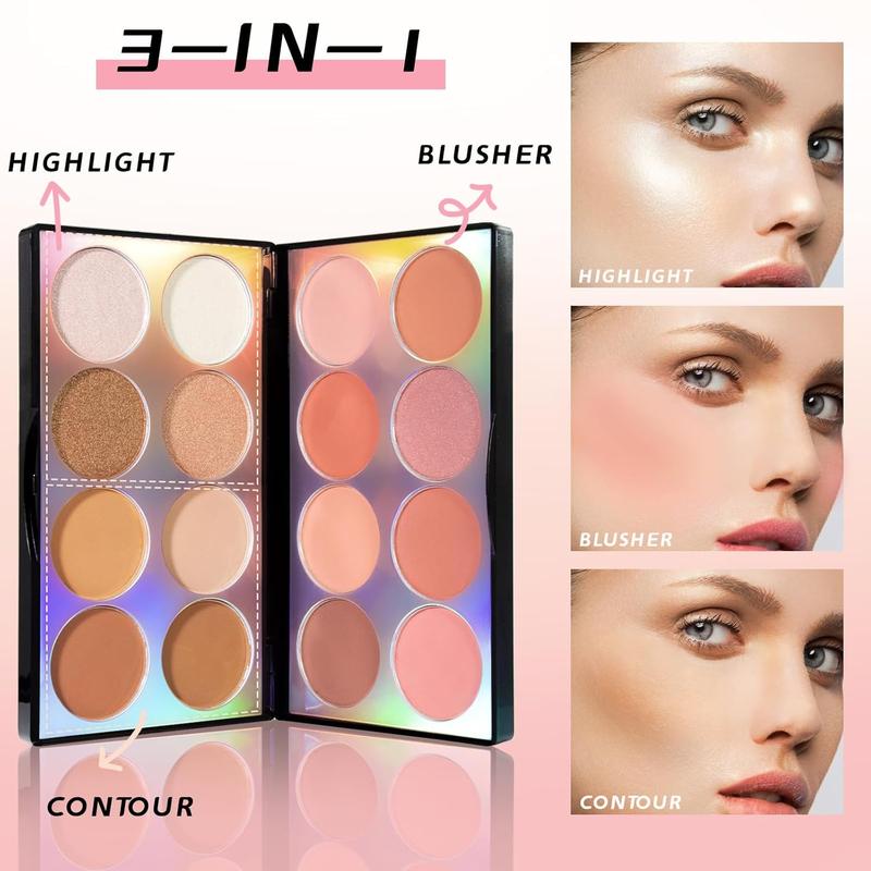 16 Colors Blush Contour Highlighter Makeup Palette with Brush, Matte Mineral Face Blush Powder for Cheek, Bright Shimmer Illuminator Bronzer Professional Facial Beauty Makeup Blushes Set