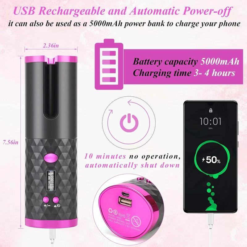 5000mAh LED Cordless Automatic Hair Curler With Ceramic Rotating Barrel, 6 Temperature And Timer Settings, Portable And Rechargeable, Fast Heating Iron For Effortless Styling And Auto Shut-Off Adjustable Comfort