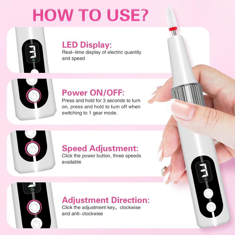 Cordless Electric Nail File Drill, Portable 13 in 1 Kit Nail Drills, Rechargeable Nail Filer Electric Nail Grinder Machine for Human Women Manicure Pedicure Care Set Nail Care Cutics